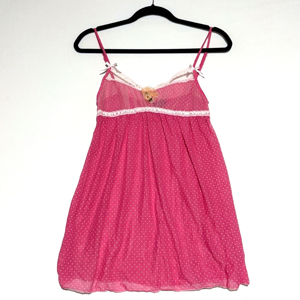 Dereon Babydoll Chemise Women M Pink Polka Dot Mesh Lace Y2K Coquette Balletcore